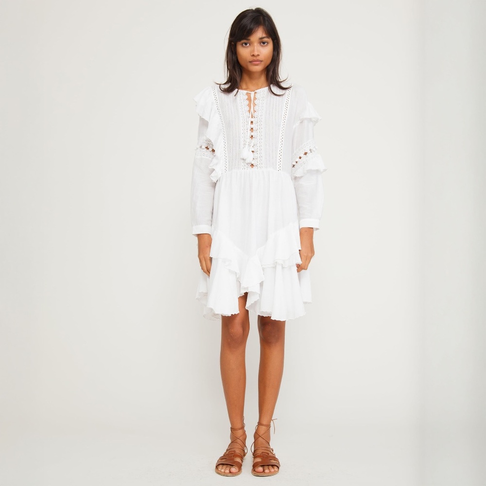Sea New York Tie Neck Mini Dress White Size 4 Ruffle, Pom-Pom & Tassel Accents - Picture 12 of 14